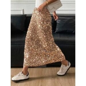 XL MADDEN GOLD SEQUIN STRETCH MAXI SKIRT, FULLY LINED, BACK SLIT,